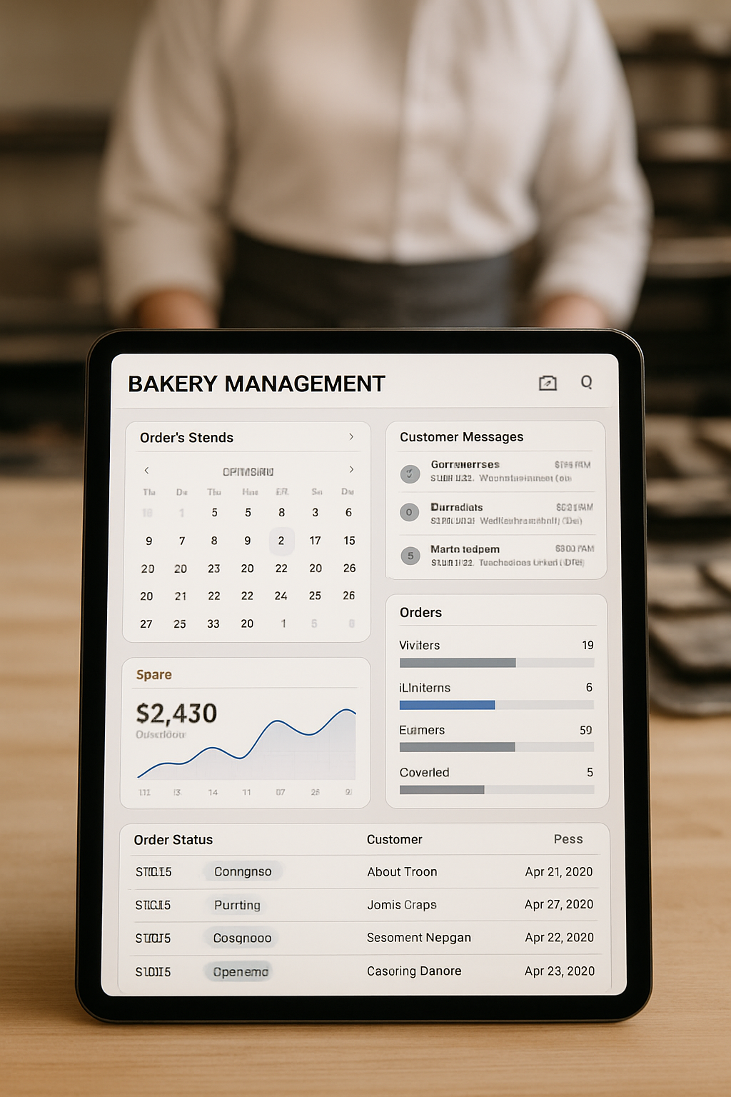 Professional baker dashboard showing order management, calendar scheduling, and business analytics
