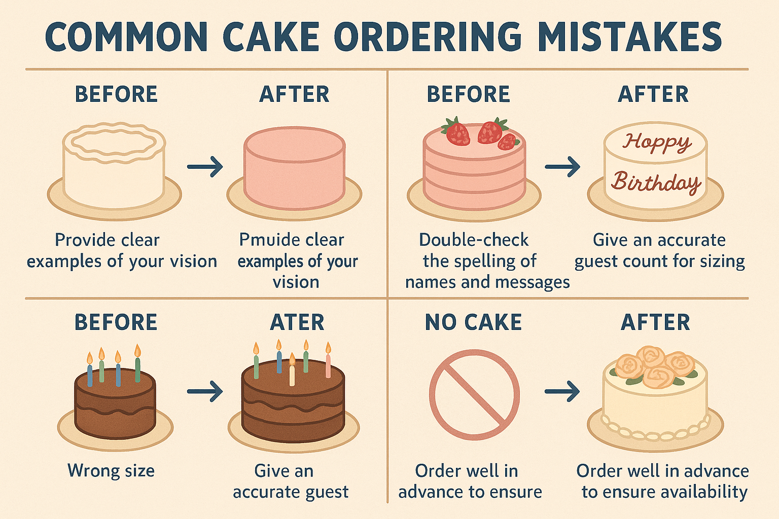 Common cake ordering mistakes illustrated with examples of what can go wrong and tips for avoiding these pitfalls