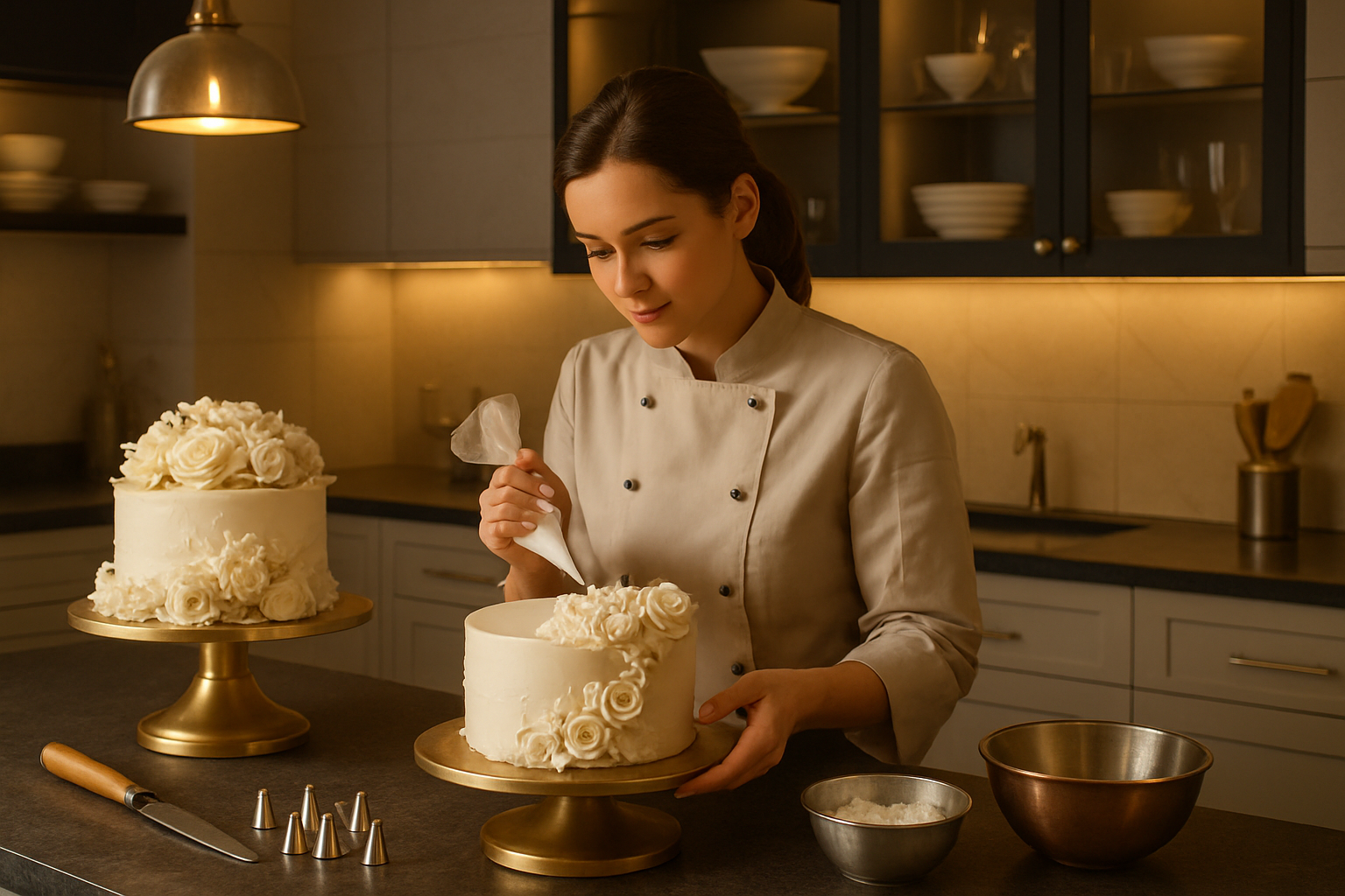 Professional baker creating beautiful decorated cakes, inspiring blog content about cake artistry and baking techniques