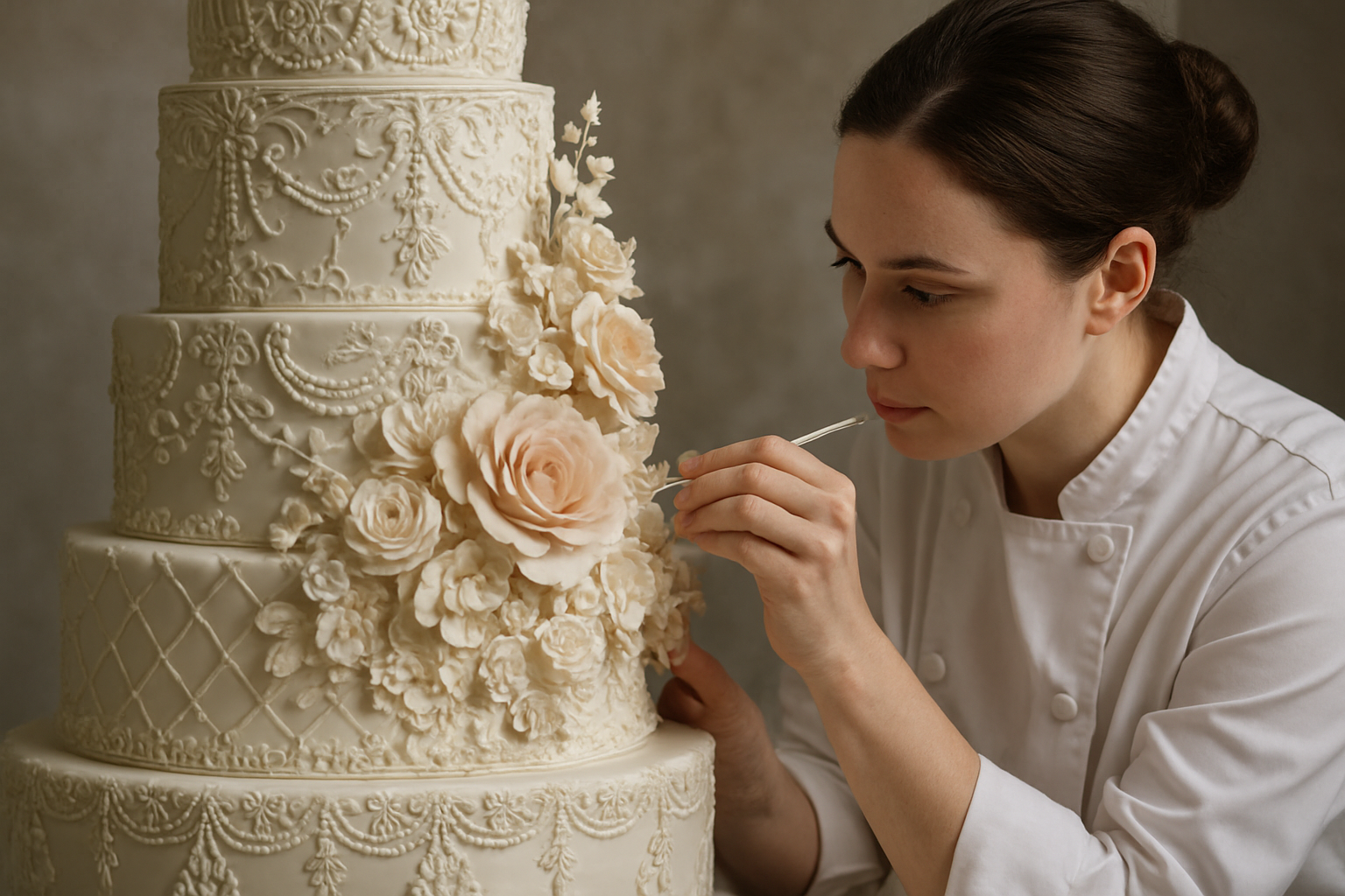 Intricate custom cake being decorated with detailed sugar flowers and complex designs