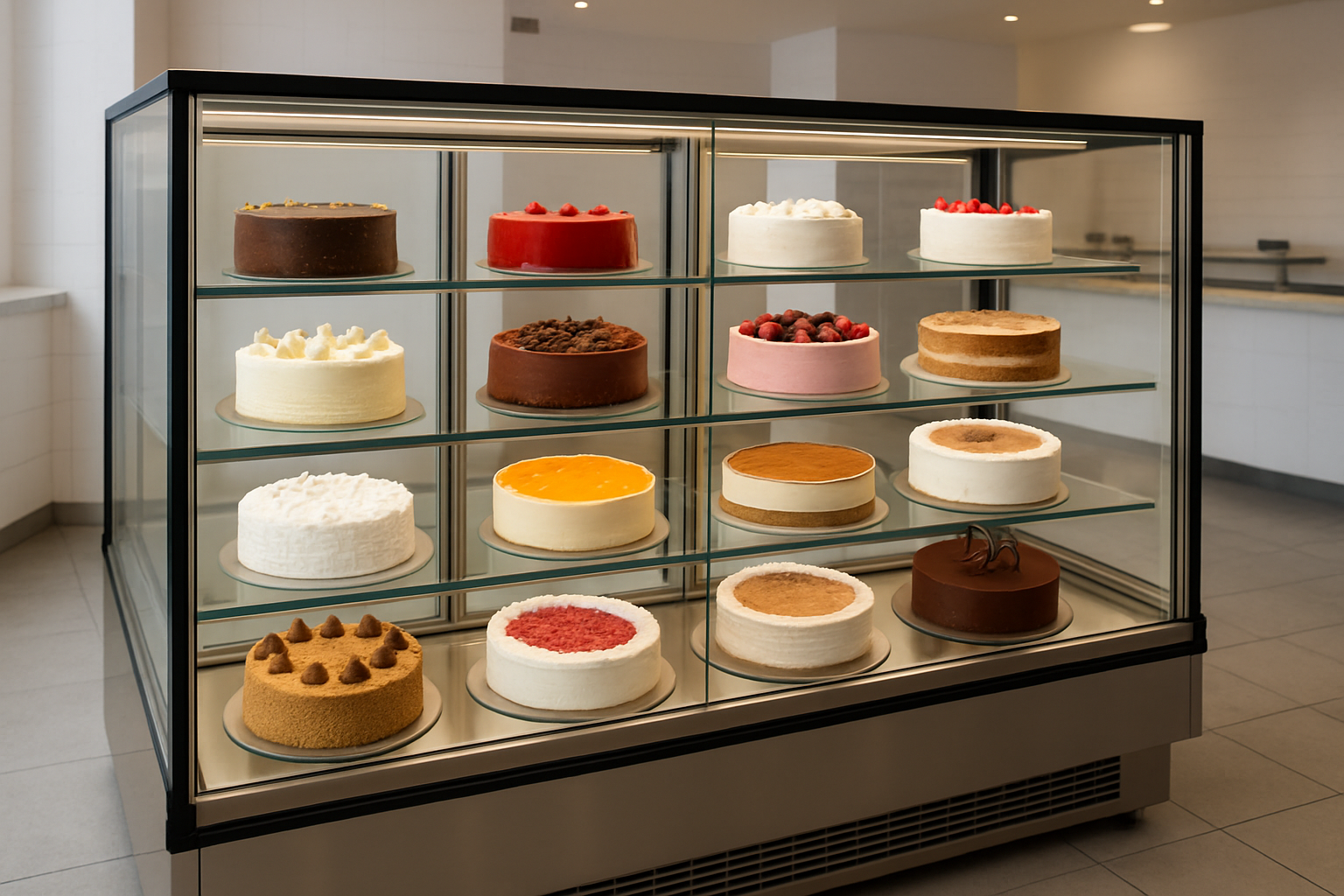 Display case in modern bakery showing ready-made cakes available for immediate purchase