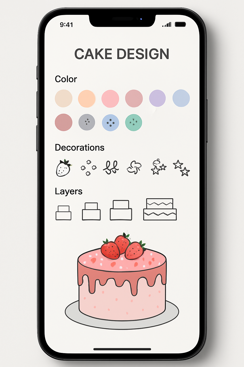 Mobile app showing personalized cake design interface with customer selecting decorations and flavors